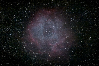 A large cloud of blue and red, roughly in the shape of a rose, in the center of the frame, with stars in and around.